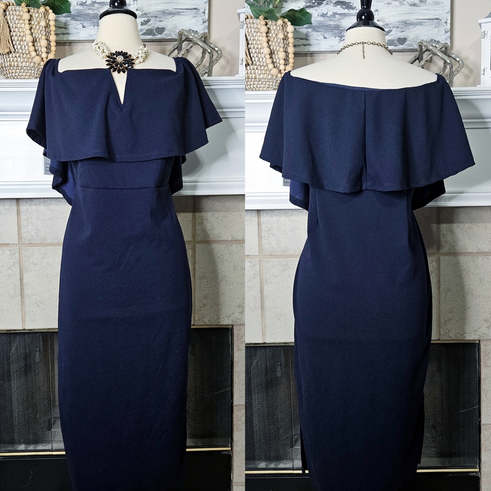 Chic Navy Ruffle Pff Shoulder Midi Dress 3XL